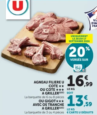 Agneau Filière U Côte ou Côte à griller ou Gigot avec os tranche à griller