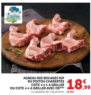 Agneau des Bocages IGP du Poitou Charentes Côte ★★★ à griller ou côte ★★ à griller avec os