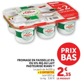 Fromage en faisselle 0% ou 6% MG au lait pasteurisé Rians