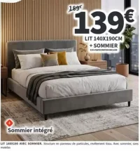 Lit 140X190CM + SOMMIER, structure en panneau de particules, revêtement tissu