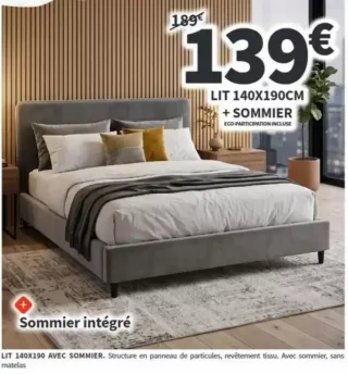 Lit 140X190CM + SOMMIER, structure en panneau de particules, revêtement tissu