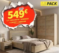 Pack Chambre Complète: Lit 140x190cm + Sommier + Chevet + Armoire