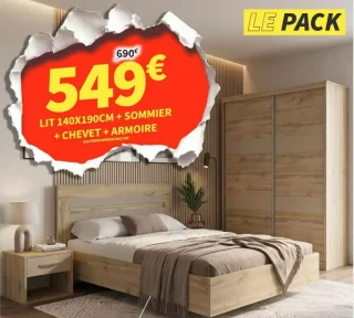 Pack Chambre Complète: Lit 140x190cm + Sommier + Chevet + Armoire