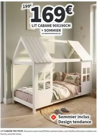 Lit cabane 90x190cm avec sommier inclus