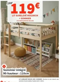 Lit surélevé 90x190cm avec sommier intégré