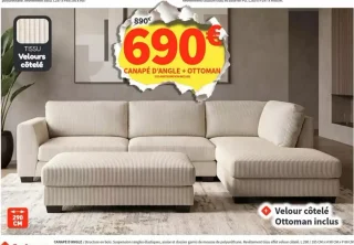 Canapé d'angle + ottoman velours côtelé Conforama