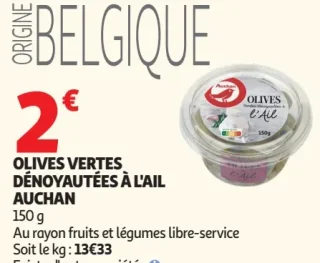 OLIVES VERTES DÉNOYAUTÉES À L'AIL AUCHAN