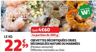 Crevettes décortiquées crues décongelées nature ou marinées