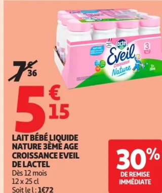 Lait bébé liquide Nature 3ème âge Croissance Eveil de Lactel