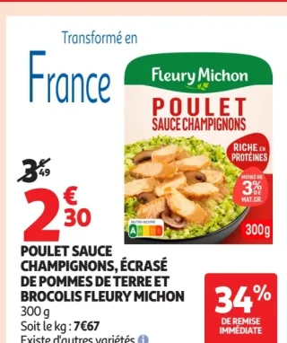 Poulet sauce champignons, écrasé de pommes de terre et brocolis Fleury Michon