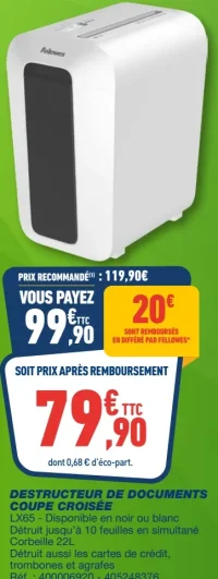 Destructeur de documents coupe croisée Fellowes LX65