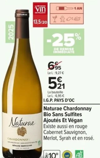 Naturae Chardonnay Bio Sans Sulfites Ajoutés Et Végan