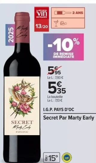 Vin rouge Secret Par Marty Early I.G.P. Pays d'Oc