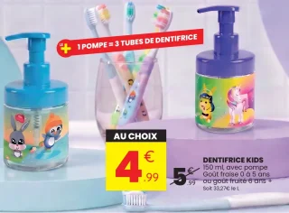 Dentifrice Kids avec pompe Goût fraise ou Goût fruité