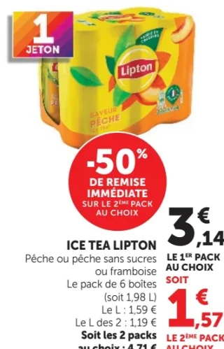 Ice Tea Lipton Pêche ou Pêche sans sucres ou Framboise