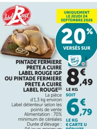 Pintade Fermière Prête à Cuire Label Rouge IGP ou Pintade Fermière Prête à Cuire Label Rouge