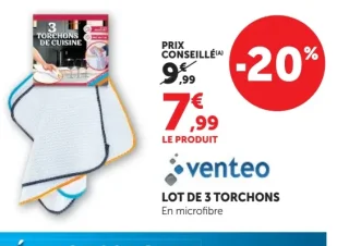 Venteo Lot de 3 torchons en microfibre