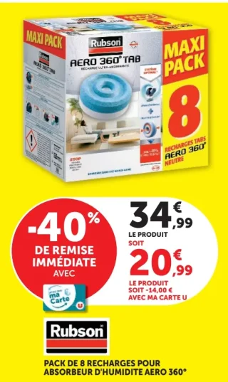 Rubson Pack de 8 recharges pour absorbeur d'humidité Aéro 360°