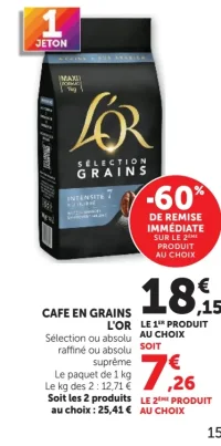 Café en grains L'Or Sélection ou absolu raffiné ou absolu suprême