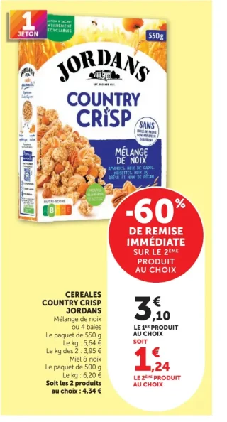 Céréales Country Crisp Jordans Mélange de noix, 4 baies ou Miel & noix