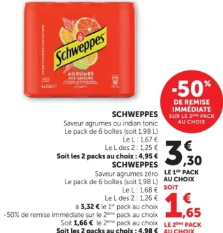 Schweppes Saveur agrumes ou indian tonic ou Saveur agrumes zéro
