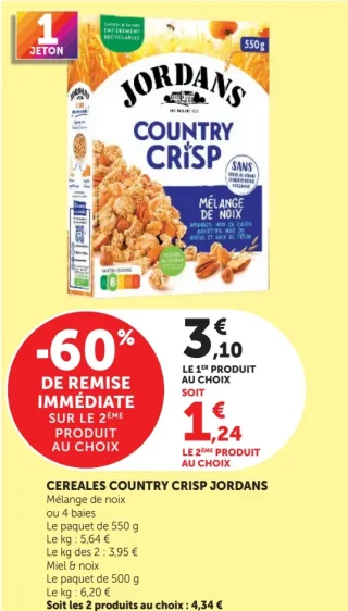Céréales Country Crisp Jordans Mélange de noix ou 4 baies ou Miel & noix