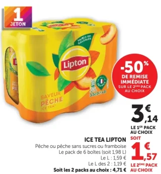 Ice Tea Lipton Pêche ou pêche sans sucres ou framboise