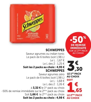 Schweppes Saveur agrumes ou indian tonic ou agrumes zéro