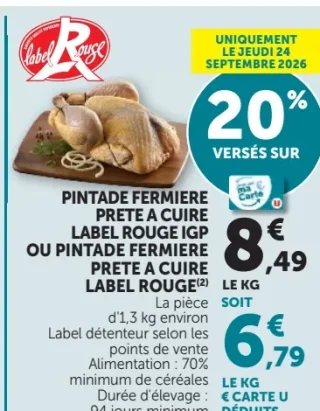Pintade Fermière Prête à Cuire Label Rouge IGP ou Pintade Fermière Prête à Cuire Label Rouge