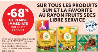 Gamme de produits Sun et La Favorite au rayon fruits secs libre service