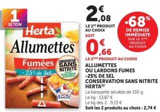 Allumettes ou lardons fumés -25% de sel conservation sans nitrite Herta