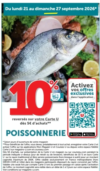 Offre Poissonnerie: 10% reversés sur votre Carte U