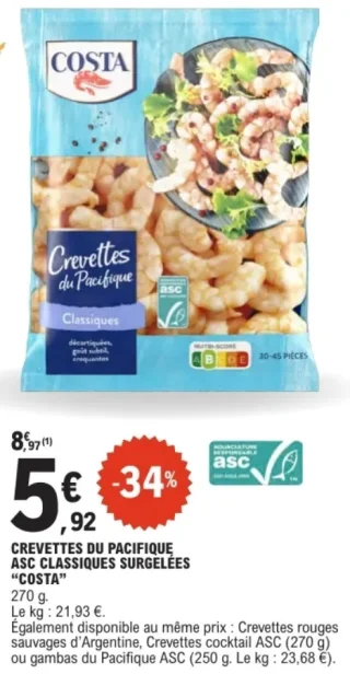 Crevettes du Pacifique ASC Classiques surgelées "Costa"