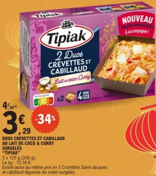 DUOS CREVETTES ET CABILLAUD AU LAIT DE COCO & CURRY SURGELÉS "TIPIAK"