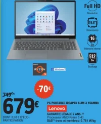 PC portable Ideapad Slim 3 15AMN8 Lenovo
