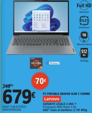 PC portable Ideapad Slim 3 15AMN8 Lenovo