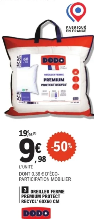 Oreiller ferme Premium Protect Recycl' Dodo 60X60 CM