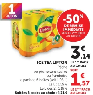 Ice Tea Lipton Pêche ou pêche sans sucres ou framboise