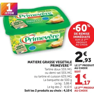 Matière grasse végétale Primevère Tartine doux, demi-sel ou tartine et cuisson