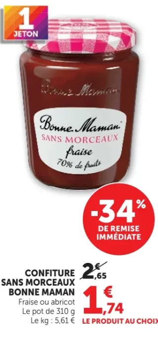Confiture sans morceaux Bonne Maman Fraise ou Abricot