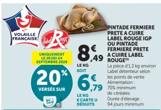Pintade fermière prête à cuire Label Rouge IGP ou Pintade fermière prête à cuire Label Rouge