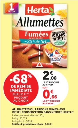 Allumettes ou lardons fumés -25% de sel conservation sans nitrite Herta