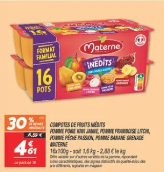 Compotes de fruits inédits pomme poire kiwi jaune, pomme framboise litchi, pomme pêche passion, pomme banane grenade