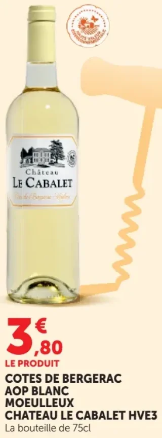 COTES DE BERGERAC AOP BLANC MOEULLEUX CHATEAU LE CABALET HVE3