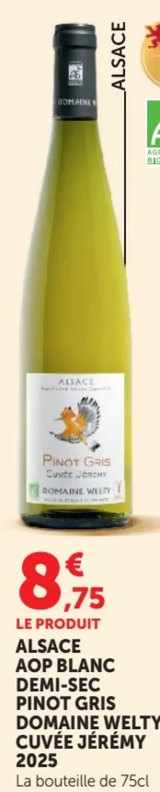 Alsace AOP Blanc Demi-sec Pinot Gris Domaine Welty Cuvée Jérémy 2025