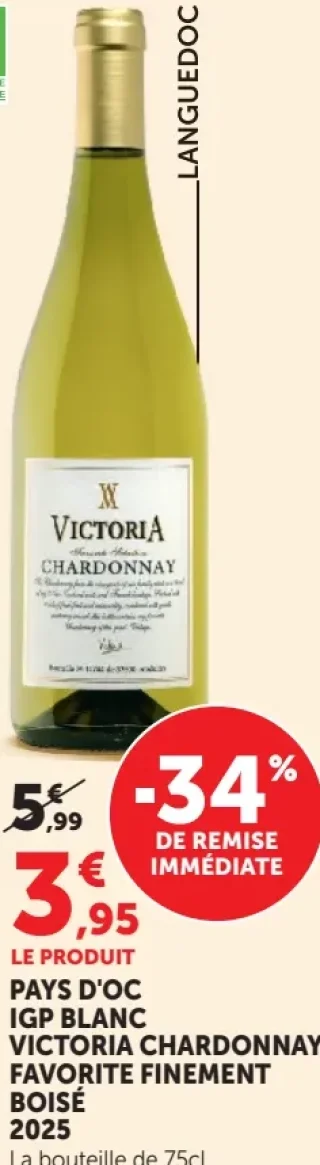 Victoria Chardonnay Favorite Finement Boisé Pays d'Oc IGP Blanc