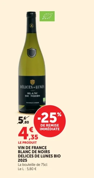Vin de France Blanc de Noirs Délices de Lunes Bio 2025