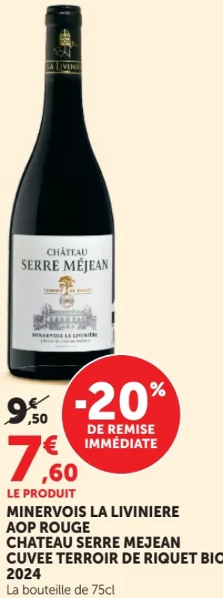 MINERVOIS LA LIVINIERE AOP ROUGE CHATEAU SERRE MEJEAN CUVEE TERROIR DE RIQUET BIO 2024 La bouteille de 75cl