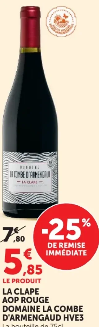 LA CLAPE AOP ROUGE DOMAINE LA COMBE D'ARMENGAUD HVE3 La bouteille de 75cl