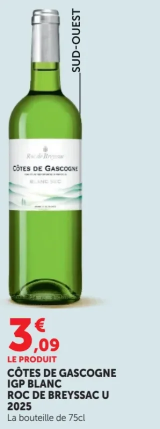 CÔTES DE GASCOGNE IGP BLANC ROC DE BREYSSAC U 2025 La bouteille de 75cl